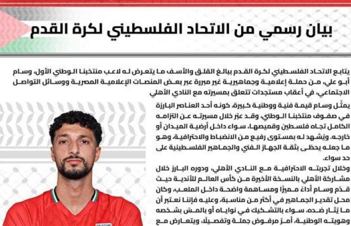 الاتحاد الفلسطيني يصدر بيانًا رسميًا بخصوص أزمة وسام أبو علي مع الأهلي