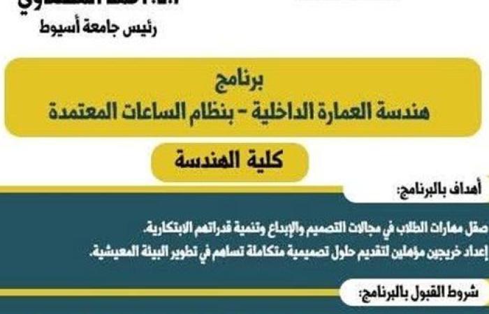 جامعة أسيوط تطلق برنامج "هندسة العمارة الداخلية" بنظام الساعات المعتمدة لعام 2025/2026
